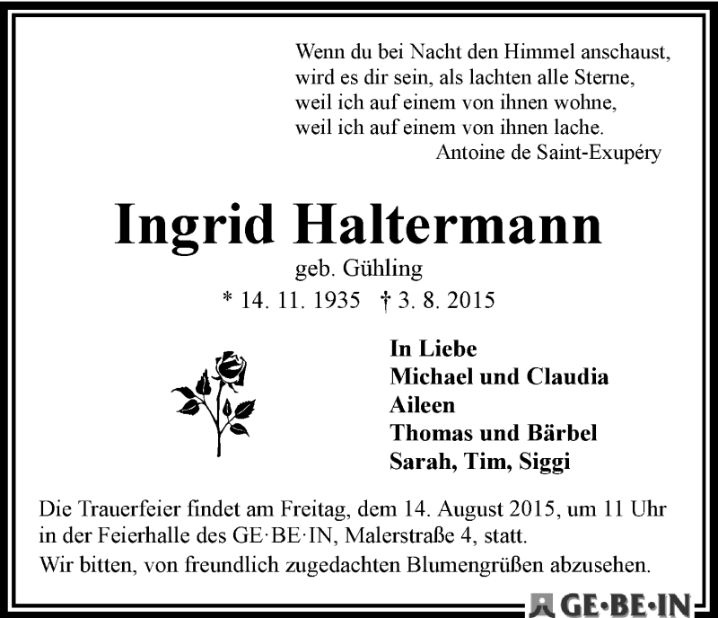 Traueranzeige von Ingrid Haltermann von WESER-KURIER