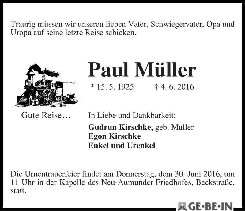 Traueranzeige von Paul Müller von Die Norddeutsche