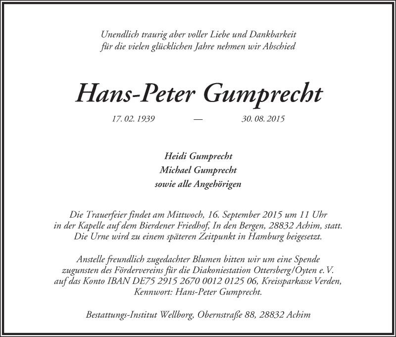 Traueranzeige von Hans-Peter Gumprecht von WESER-KURIER