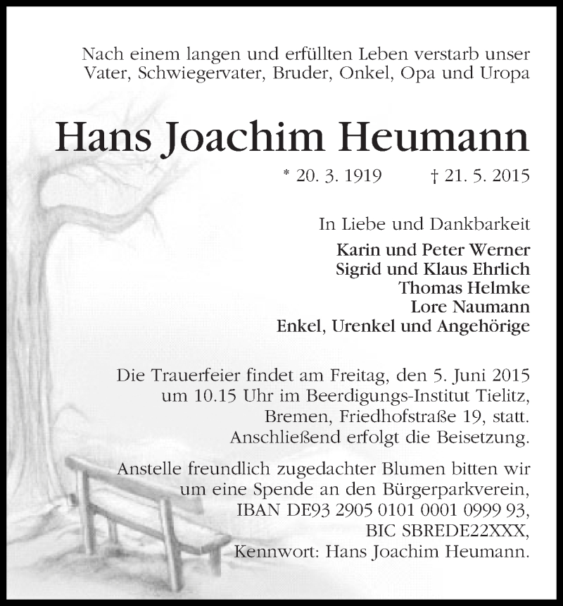 Traueranzeige von Hans Joachim Heumann von WESER-KURIER