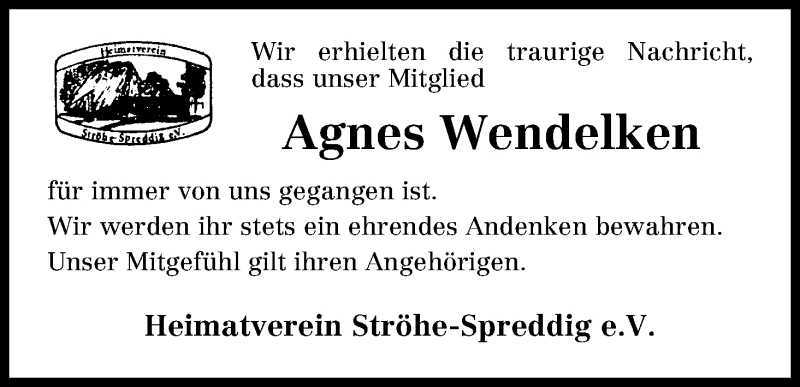 Traueranzeige von Agnes Wendelken von Osterholzer Kreisblatt