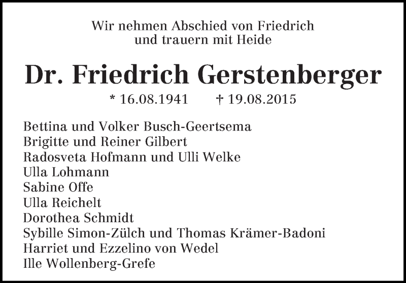 Traueranzeige von Friedrich Gerstenberger von WESER-KURIER