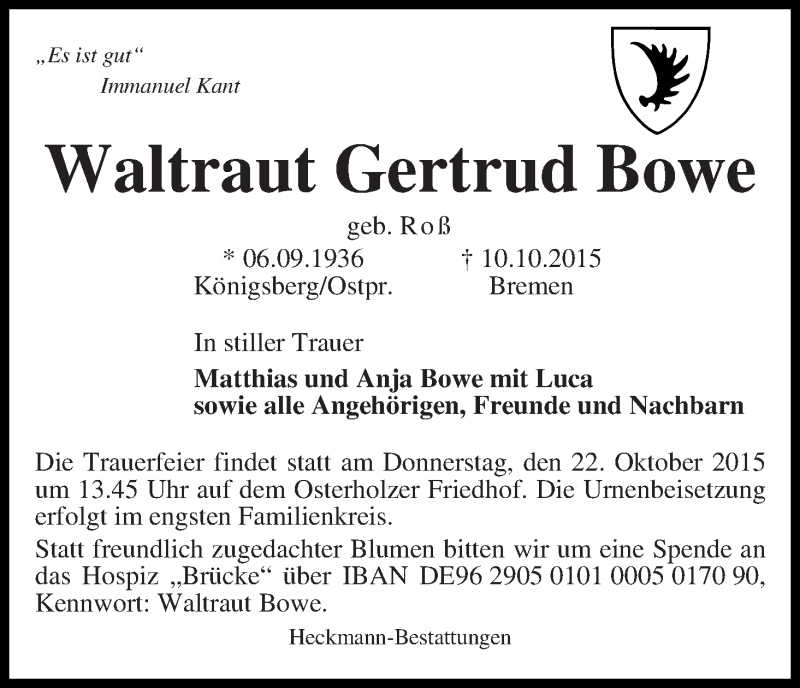 Traueranzeige von Waltraut Gertrud Bowe von WESER-KURIER