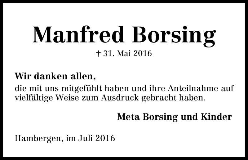 Traueranzeige von Manfred Borsing von Osterholzer Kreisblatt
