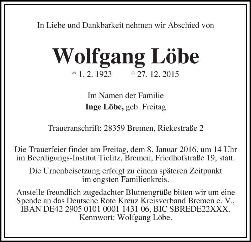 Traueranzeige von Wolfgang Löbe von WESER-KURIER