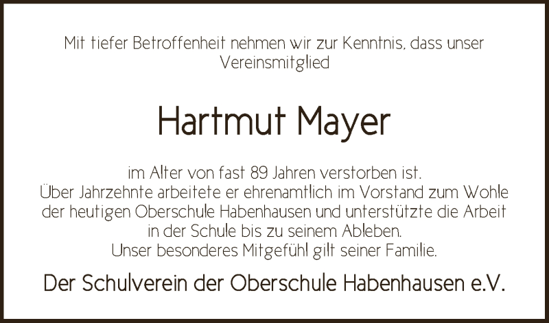 Traueranzeige von Hartmut Mayer von WESER-KURIER