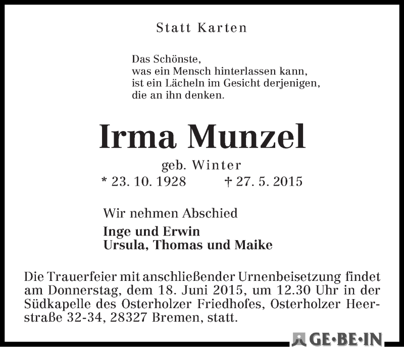 Traueranzeige von Irma Munzel von WESER-KURIER