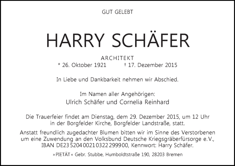 Traueranzeige von Harry Schäfer von WESER-KURIER
