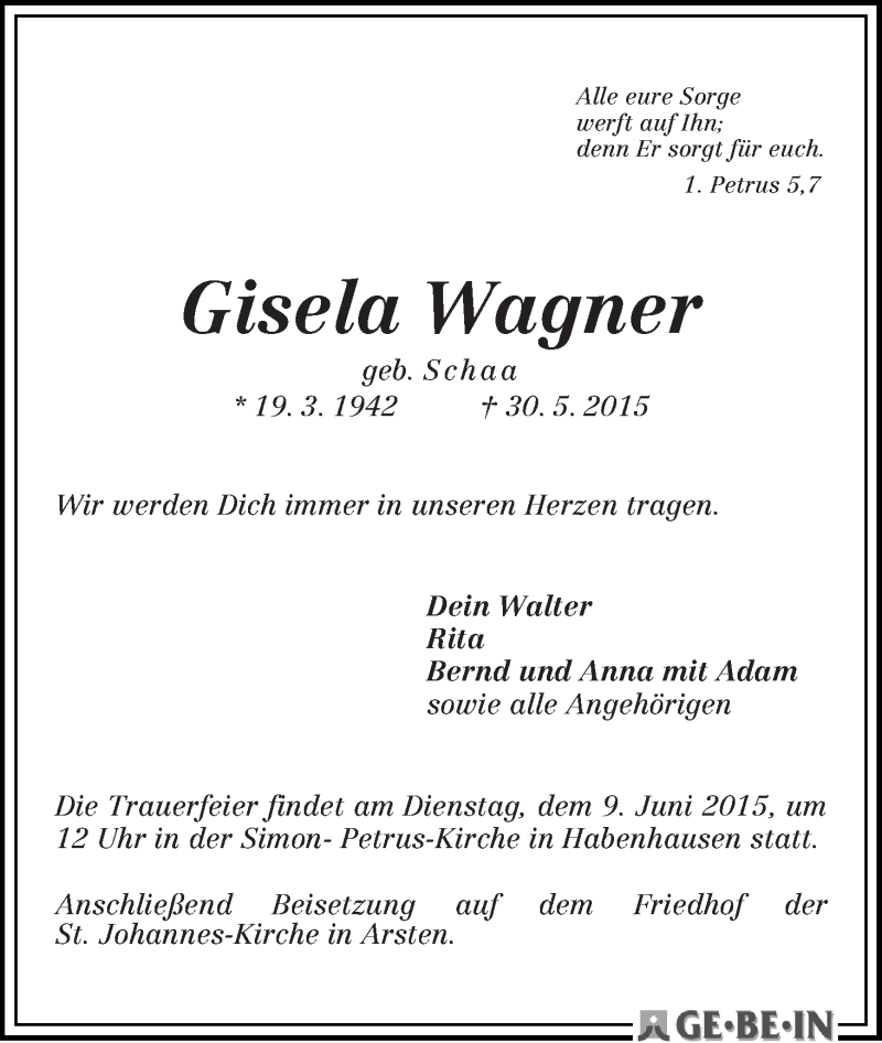 Traueranzeige von Gisela Wagner von WESER-KURIER