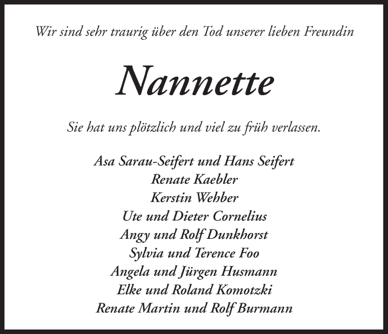 Traueranzeige von Nannette  von WESER-KURIER