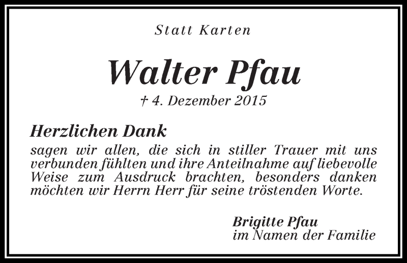 Traueranzeige von Walter Pfau von Die Norddeutsche