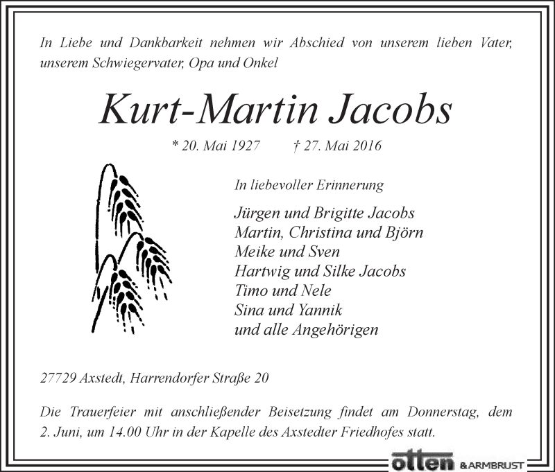 Traueranzeige von Kurt Martin Jacobs von Osterholzer Kreisblatt