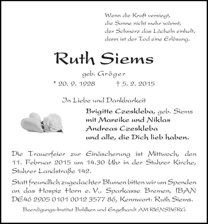 Traueranzeige von Ruth Siems von WESER-KURIER