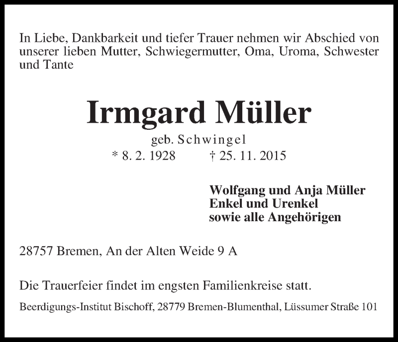 Traueranzeige von Irmgard Müller von Die Norddeutsche