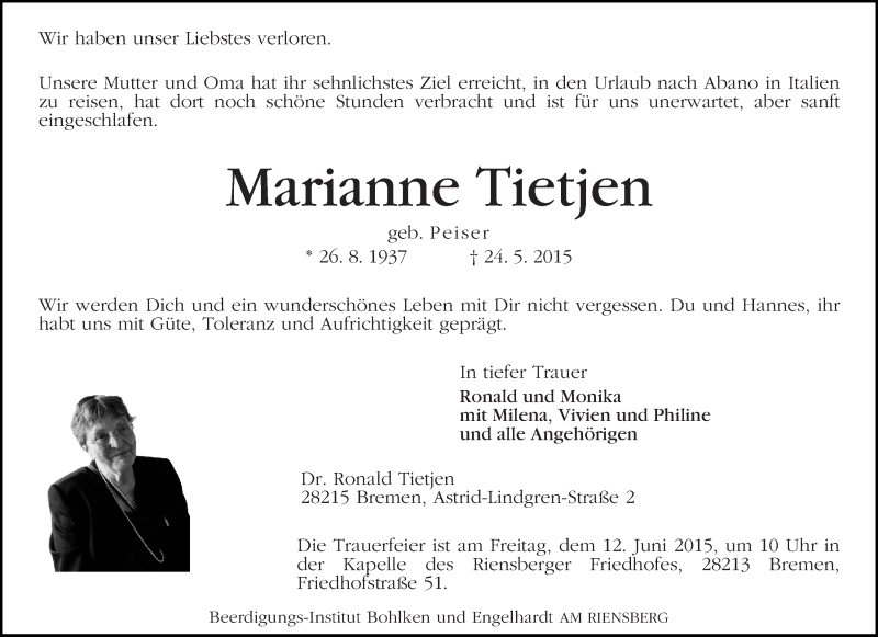 Traueranzeige von Marianne Tietjen von WESER-KURIER