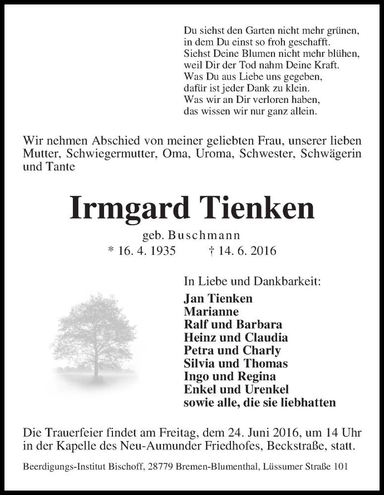Traueranzeige von Irmgard Tienken von Die Norddeutsche