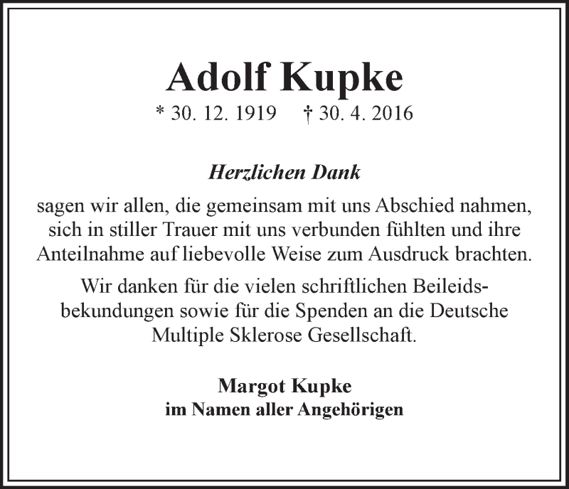 Traueranzeige von Adolf Kupke von WESER-KURIER