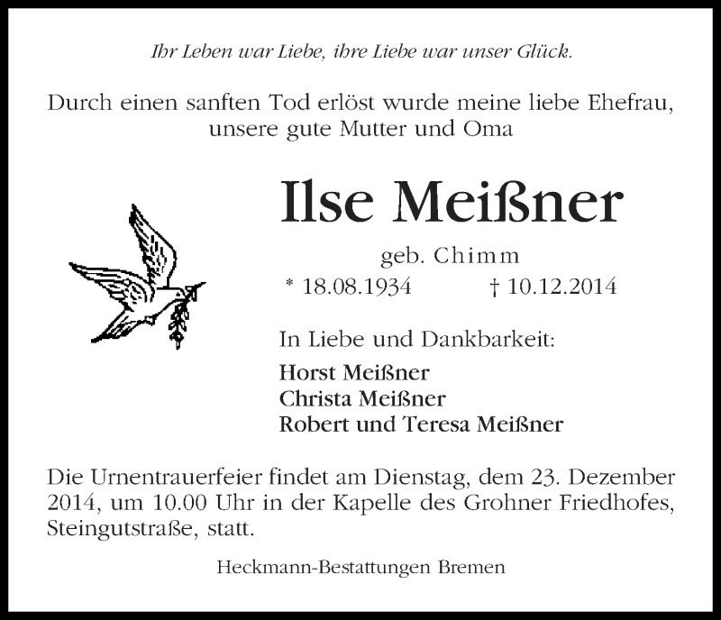 Traueranzeige von Ilse Meißner von Die Norddeutsche