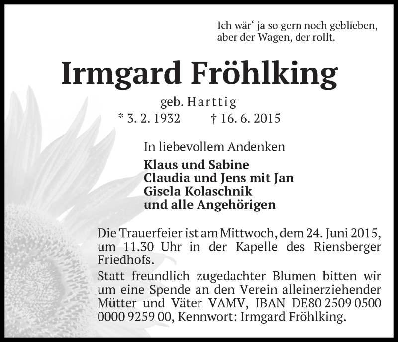 Traueranzeige von Irmgard Fröhlking von WESER-KURIER