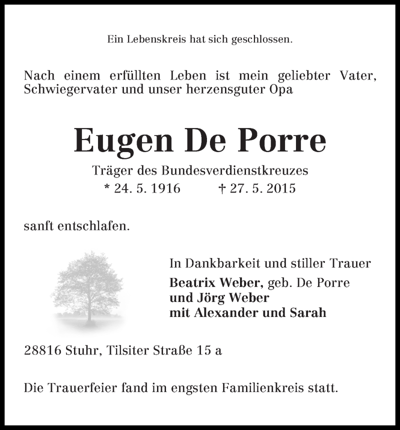 Traueranzeige von Eugen De Porre von WESER-KURIER
