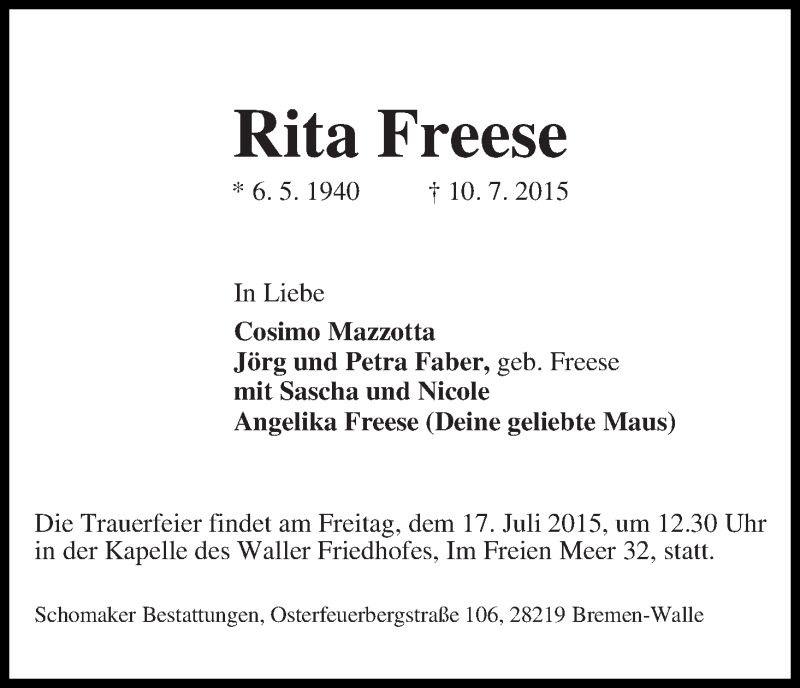 Traueranzeige von Rita Freese von WESER-KURIER