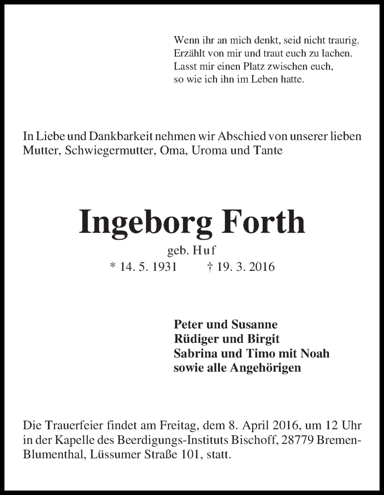 Traueranzeige von Ingeborg Forth von Die Norddeutsche