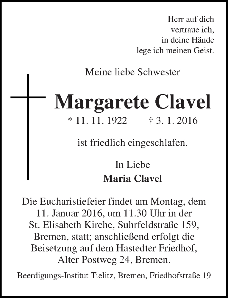 Traueranzeige von Margarete Clavel von WESER-KURIER