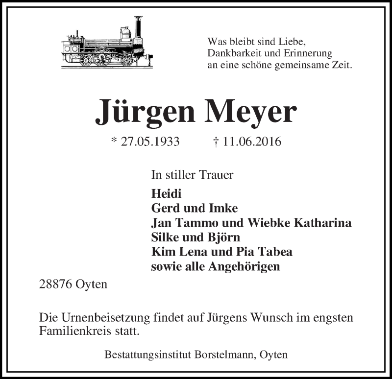 Traueranzeige von Jürgen Meyer von WESER-KURIER