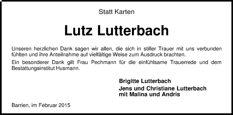 Traueranzeige von Lutz Lutterbach von WESER-KURIER