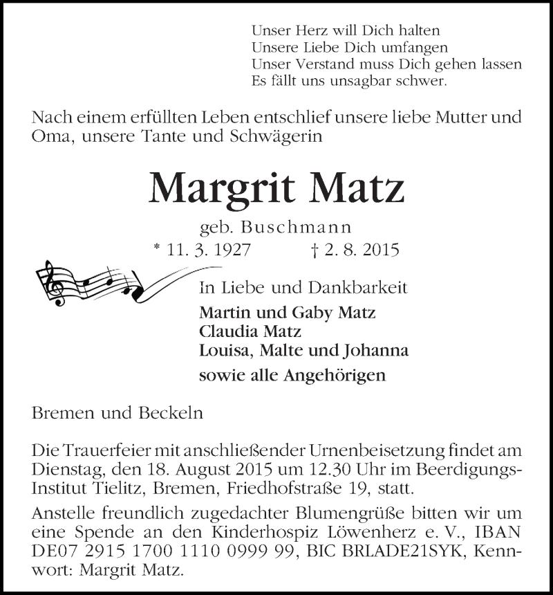 Traueranzeige von Margrit Matz von WESER-KURIER