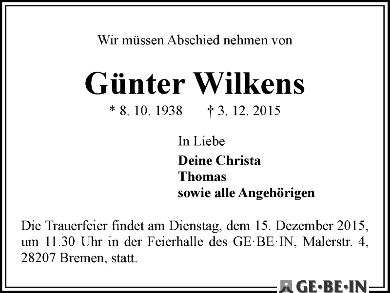 Traueranzeige von Günter Wilkens von WESER-KURIER