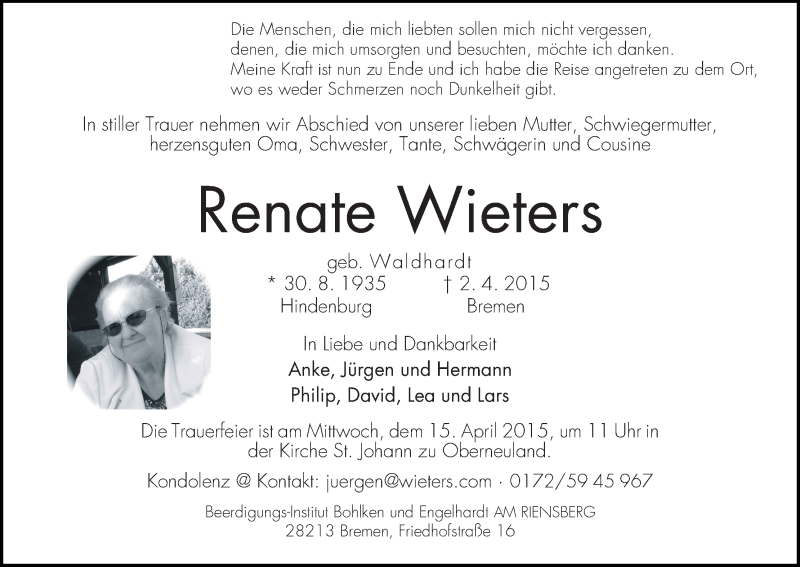 Traueranzeige von Renate Wieters von WESER-KURIER