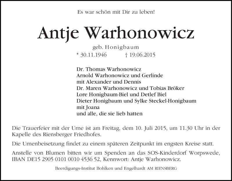 Traueranzeige von Antje Warhonowicz von WESER-KURIER