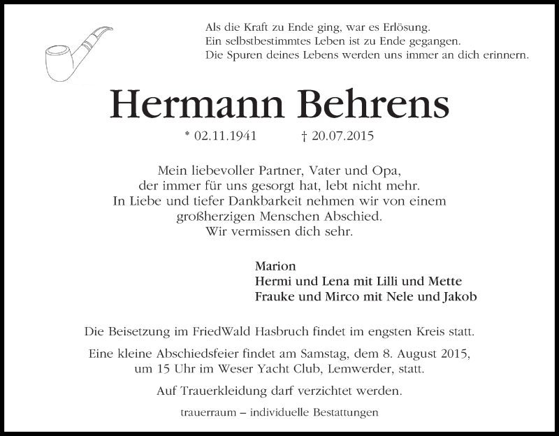 Traueranzeige von Hermann Behrens von WESER-KURIER