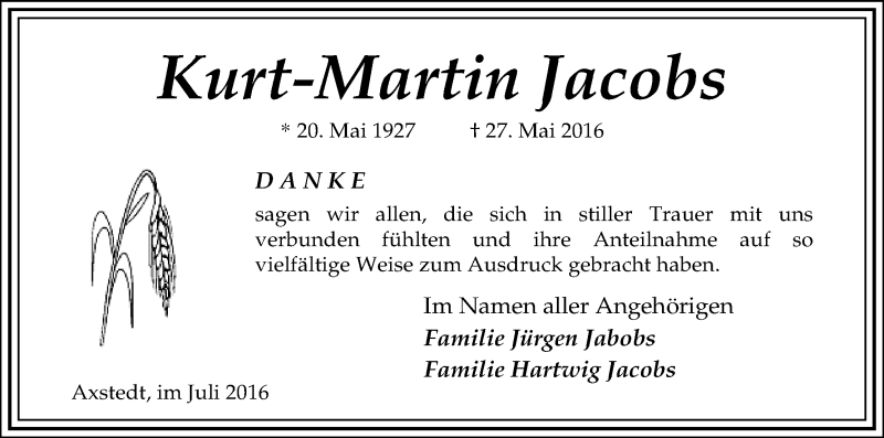 Traueranzeige von Kurt Martin Jacobs von Osterholzer Kreisblatt