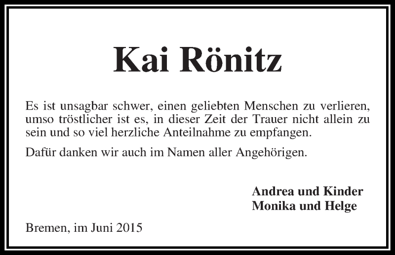 Traueranzeige von Kai Rönitz von WESER-KURIER