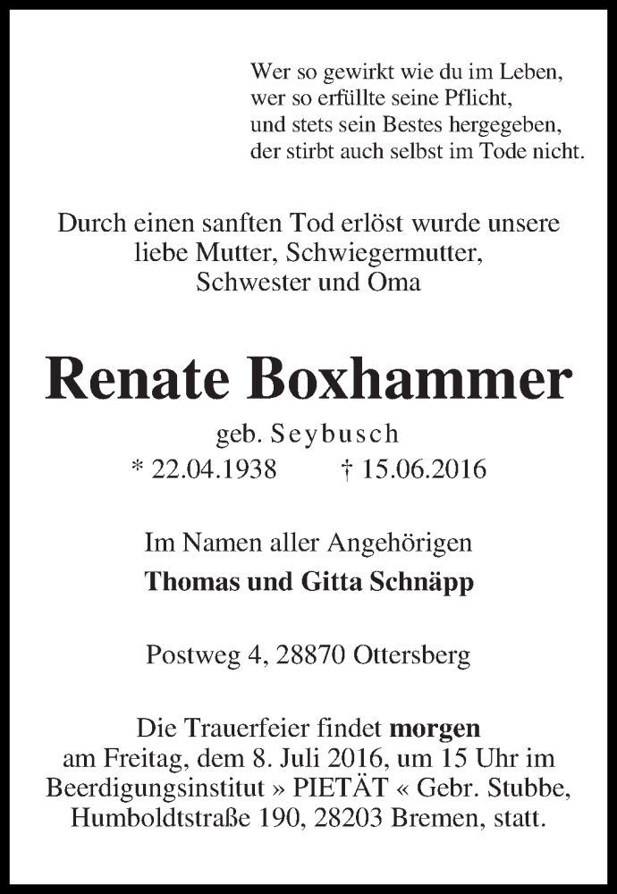 Traueranzeige von Renate Boxhammer von WESER-KURIER