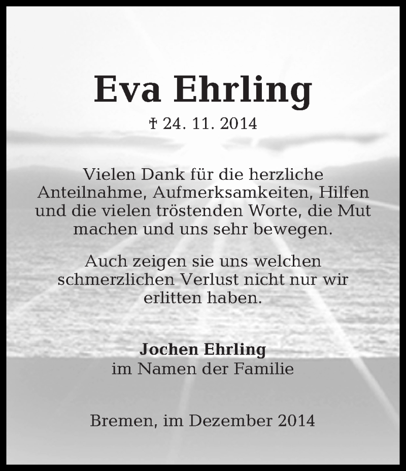 Traueranzeige von Eva Ehrling von WESER-KURIER