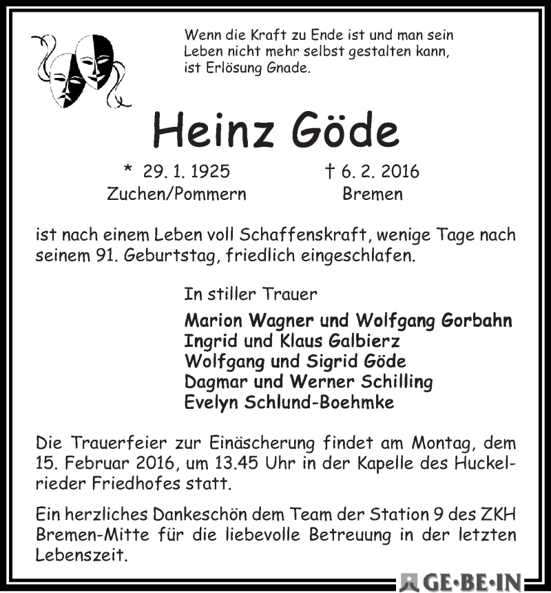 Traueranzeige von Heinz Göde von WESER-KURIER