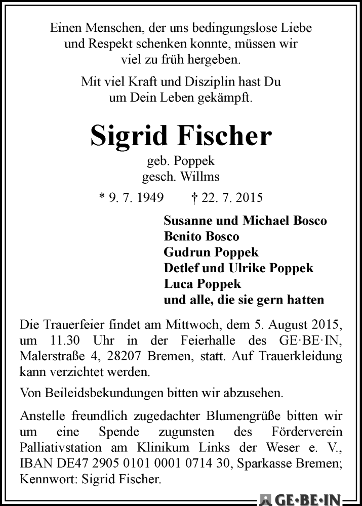 Traueranzeige von Sigrid Fischer von WESER-KURIER