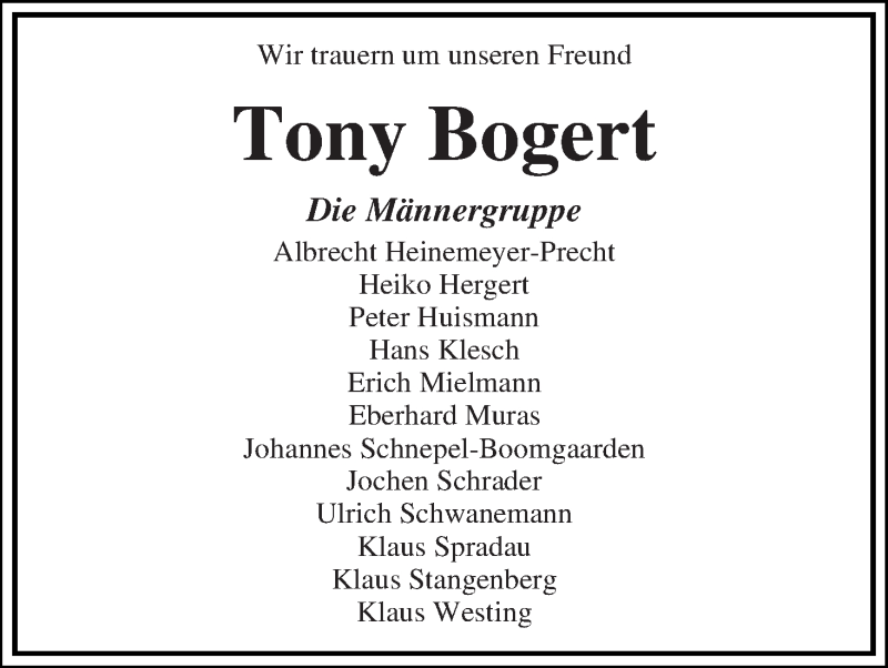 Traueranzeige von Tony Bogert von WESER-KURIER