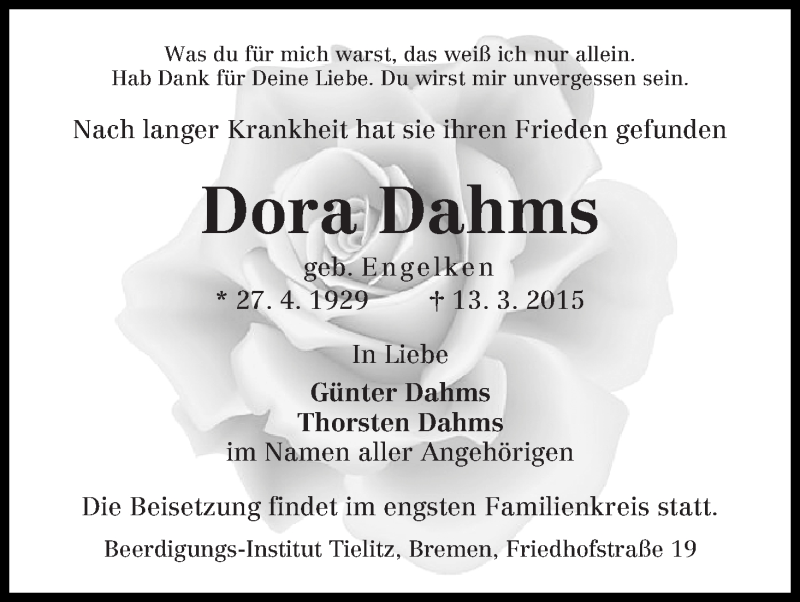 Traueranzeige von Dora Dahms von WESER-KURIER