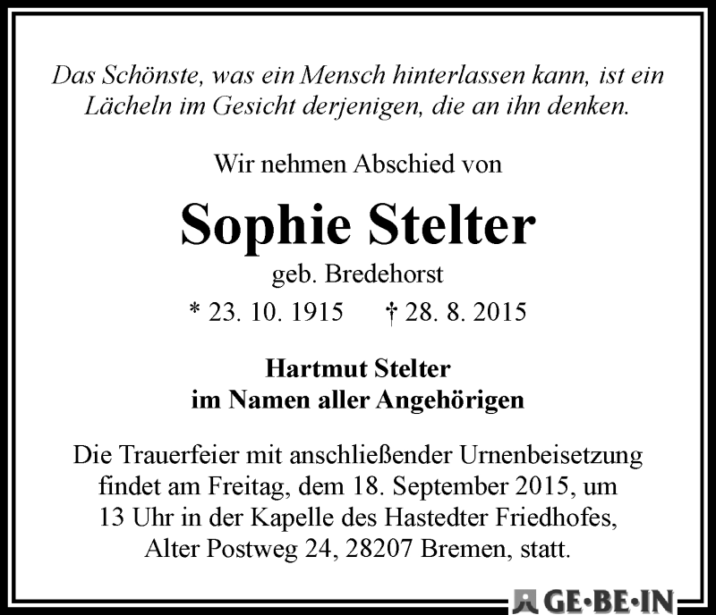Traueranzeige von Sophie Stelter von WESER-KURIER