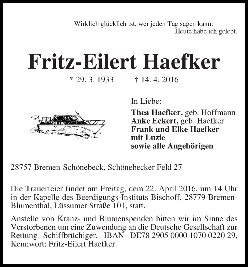 Traueranzeige von Fritz-Eilert Haefker von Die Norddeutsche