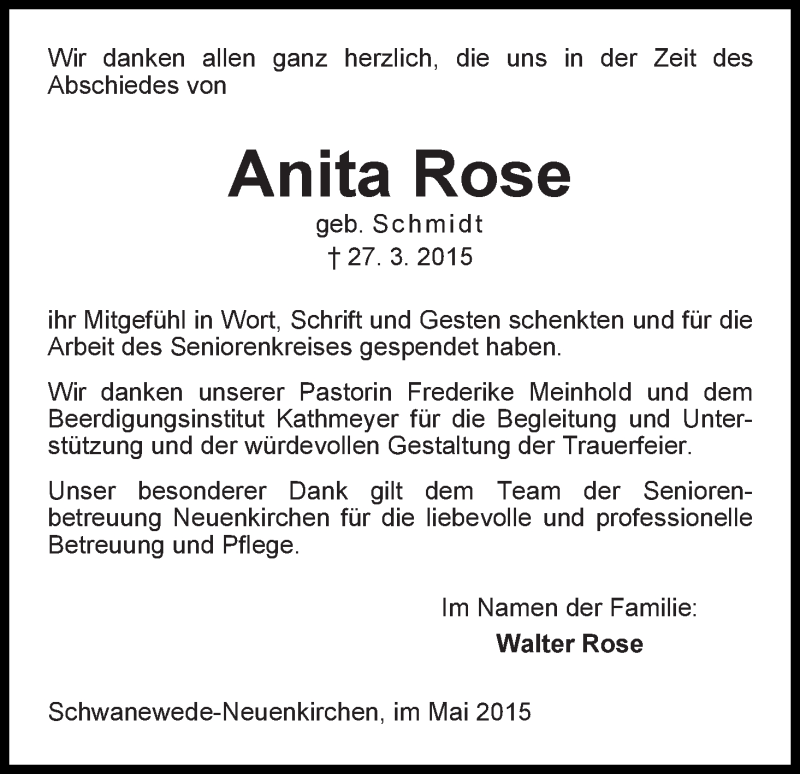 Traueranzeige von Anita Rose von Die Norddeutsche