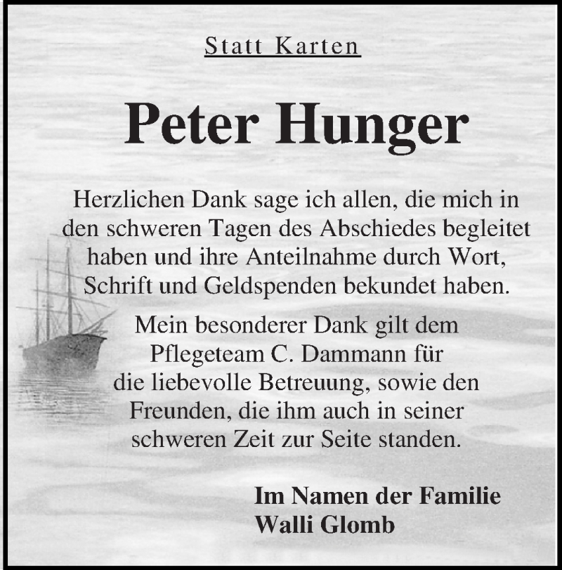 Traueranzeige von Peter Hunger von WESER-KURIER