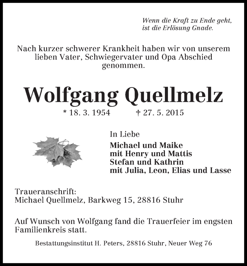 Traueranzeige von Wolfgang Quellmelz von WESER-KURIER