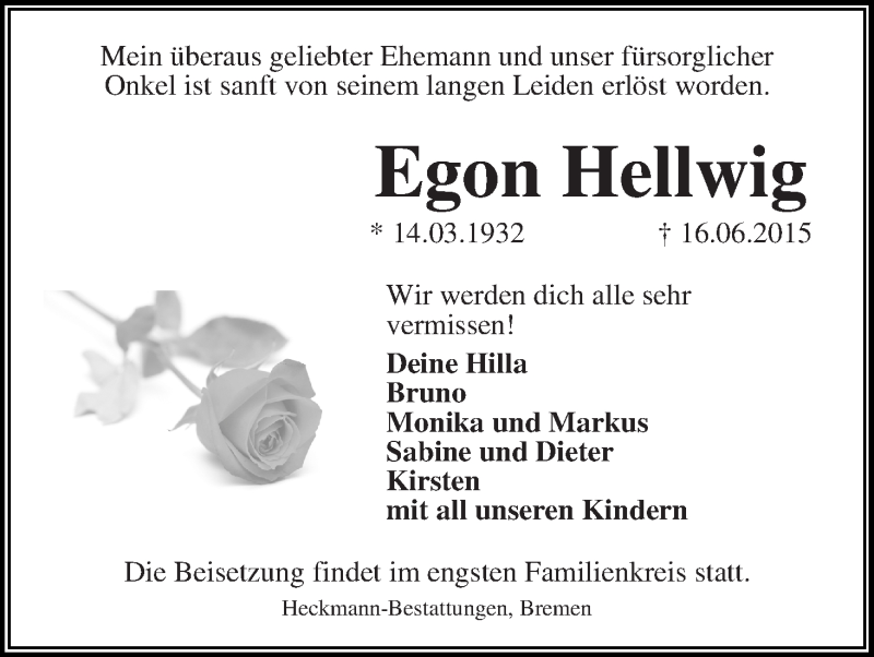 Traueranzeige von Egon Hellwig von WESER-KURIER