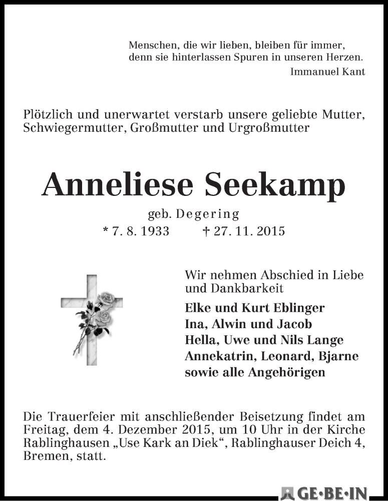 Traueranzeige von Anneliese Seekamp von WESER-KURIER