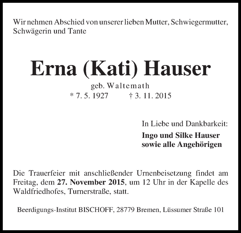 Traueranzeige von Erna (Kati) Hauser von Die Norddeutsche